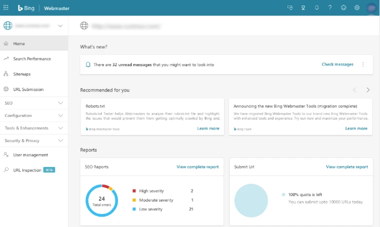 Bing Webmaster Tool Screenshot