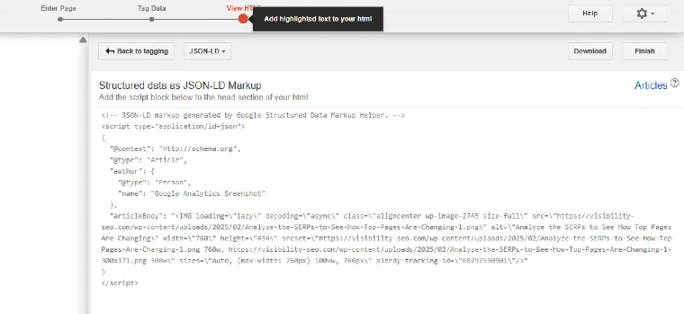 Structured Data Markup Helper After Clicking Create HTML Screenshot