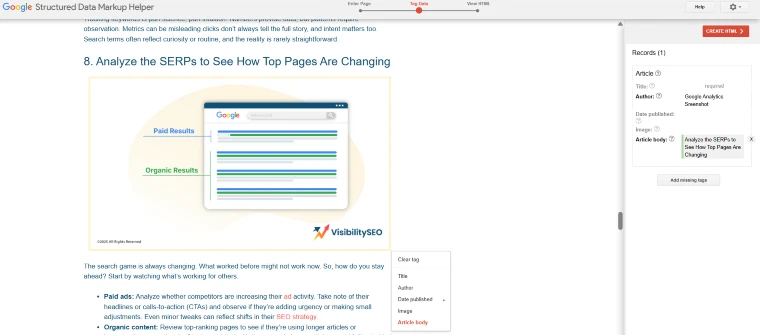 Structured Data Markup Helper After Triggering Screenshot