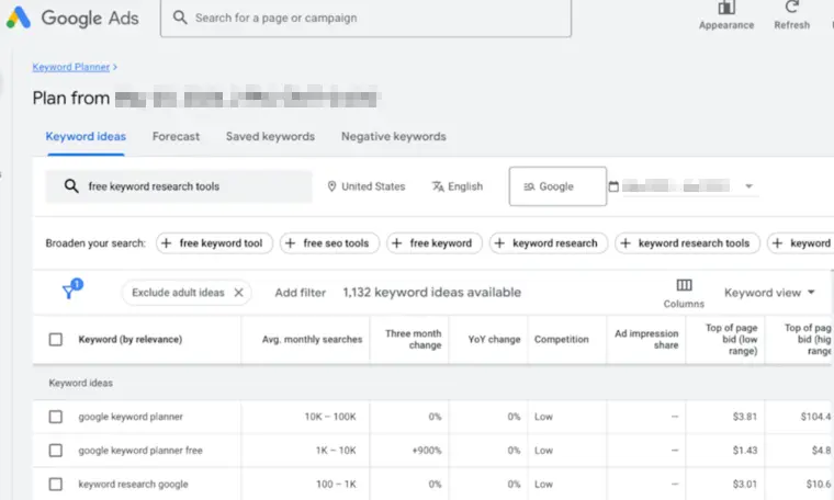 Google Keyword Planner Keyword Research Screenshot