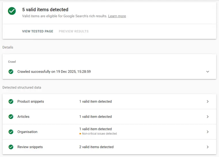 Screenshot from Rich Results Test By Google